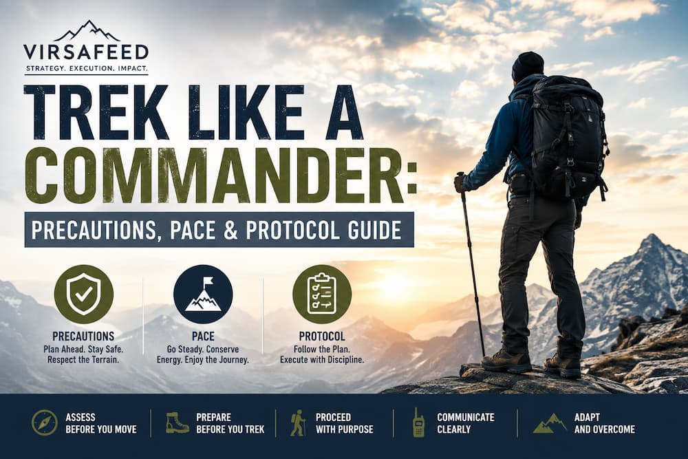 Trek Like a Commander guide featuring a lone trekker overlooking a dramatic mountain landscape, highlighting precautions, pace, protocol, preparation, communication, and adaptability.