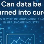Healthcare interoperability dashboard showing connected EHR, lab, imaging, and pharmacy systems exchanging data via HL7 and FHIR standards for seamless patient information flow