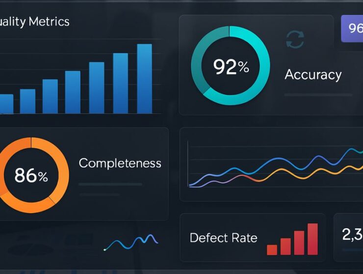 Analytical dashboard displaying key quality management metrics including change management, deviations, CAPA, risk management, audits, CRM, and training data