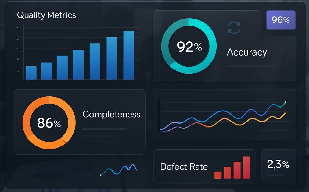 Analytical dashboard displaying key quality management metrics including change management, deviations, CAPA, risk management, audits, CRM, and training data
