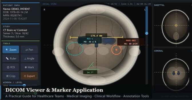 DICOM viewer and annotation software displaying diagnostic medical images for clinical review, treatment planning, and healthcare collaboration.