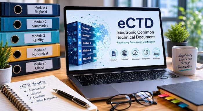 Electronic Common Technical Document (eCTD) software displaying regulatory submission documents, compliance workflows, and digital publishing tools for pharmaceutical regulatory affairs teams.