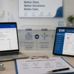 EMR and EHR healthcare software displaying electronic patient records, clinical documentation, healthcare analytics, and digital health information management.