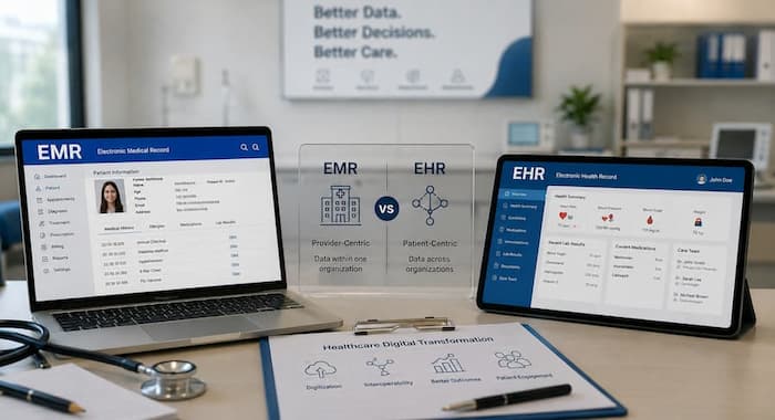 EMR and EHR healthcare software displaying electronic patient records, clinical documentation, healthcare analytics, and digital health information management.