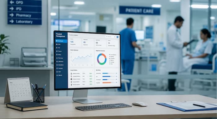 Hospital Management System (HMS) dashboard displaying patient management, hospital operations, electronic medical records, scheduling, and healthcare analytics.