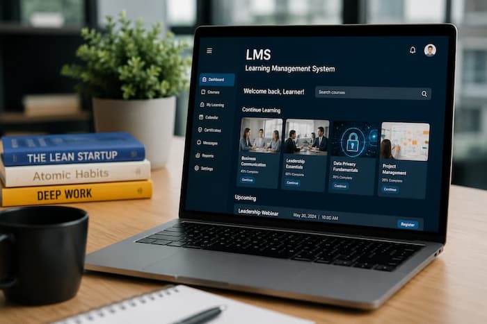 Learning Management System (LMS) dashboard displaying employee training courses, compliance learning, certification tracking, and workforce development analytics.