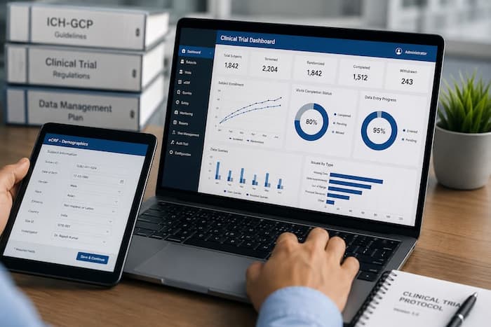 Clinical Trial Management System (CTMS) dashboard displaying study tracking, site management, patient enrollment, and clinical trial performance metrics.