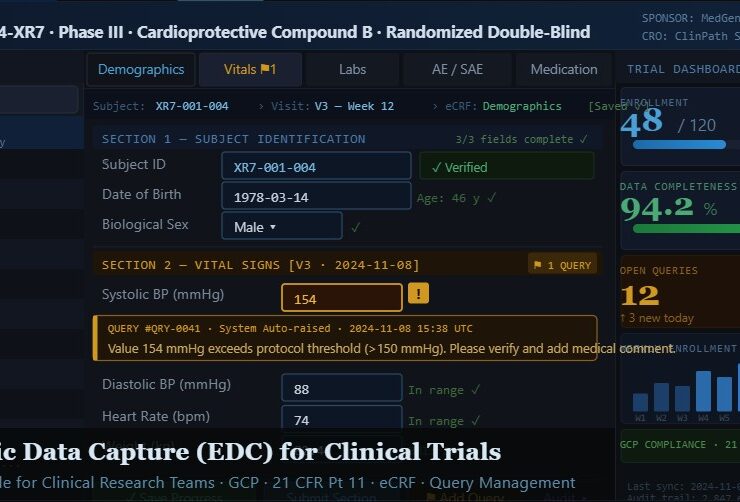 Electronic Data Capture (EDC) system displaying clinical trial data, electronic case report forms, and study monitoring dashboards for research teams.