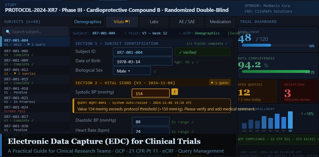 Electronic Data Capture (EDC) system displaying clinical trial data, electronic case report forms, and study monitoring dashboards for research teams.