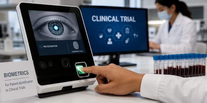 Biometric patient verification in clinical trials using iris scan and fingerprint authentication for secure participant identification and clinical research compliance.