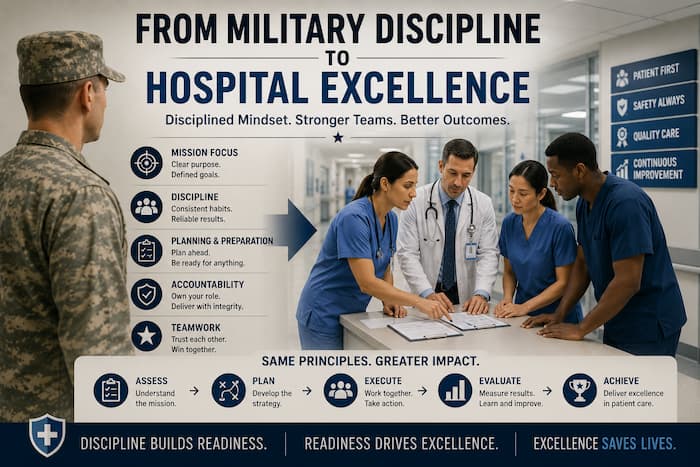 Disciplined hospital team maintaining clinical standards on an ordinary day, representing the path from military discipline to hospital excellence