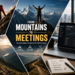 Trekker on a mountain ridge transitioning to a professional leading a boardroom meeting, illustrating lessons from mountains applied to workplace leadership