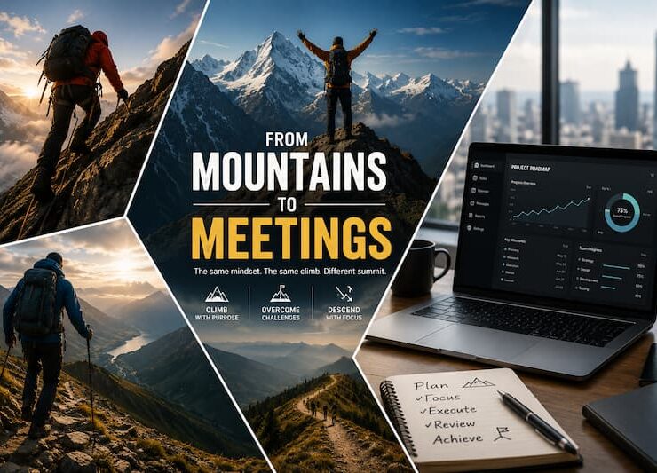 Trekker on a mountain ridge transitioning to a professional leading a boardroom meeting, illustrating lessons from mountains applied to workplace leadership
