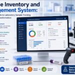 Modern clinical laboratory displaying barcode-based sample tracking, inventory management dashboards, specimen storage systems, and digital laboratory workflow monitoring.