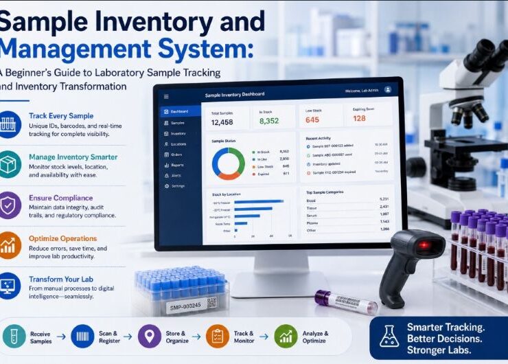 Modern clinical laboratory displaying barcode-based sample tracking, inventory management dashboards, specimen storage systems, and digital laboratory workflow monitoring.