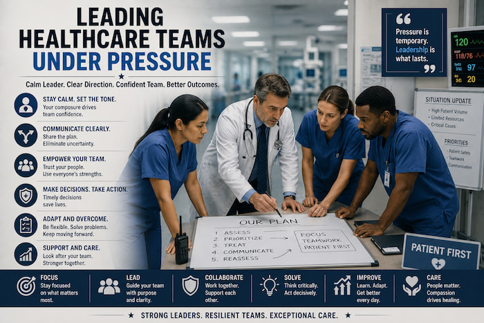 Healthcare leader communicating clearly with a team during a high-pressure shift, illustrating leading healthcare teams under pressure