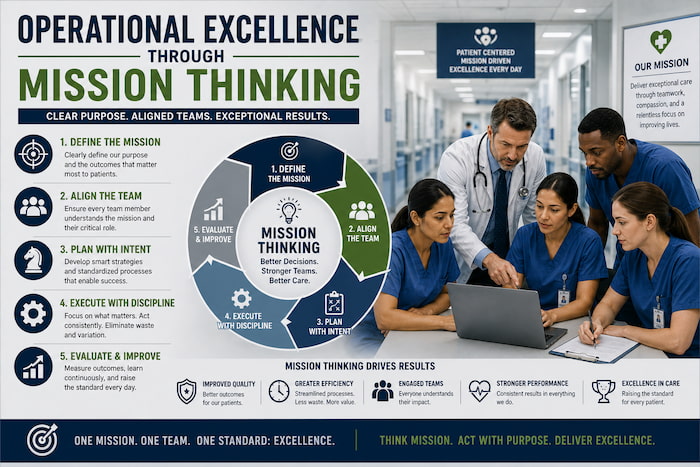 Cross-functional healthcare teams aligned around a shared patient outcome, representing operational excellence through mission thinking