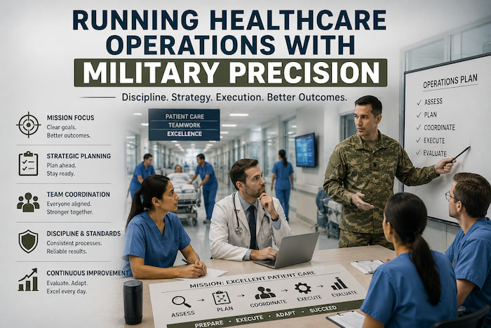 Image Alt text: Hospital operations dashboard showing patient flow and capacity, representing running healthcare operations with military precision