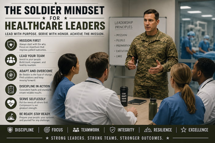 Healthcare leader calmly directing a clinical team under pressure, representing the soldier mindset for healthcare leaders