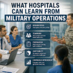 Military operations team and hospital staff coordinating logistics, illustrating lessons hospitals can learn from military operations