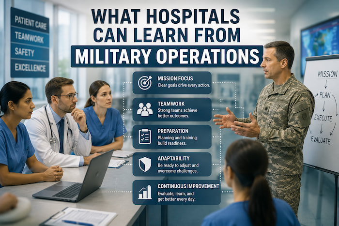 Military operations team and hospital staff coordinating logistics, illustrating lessons hospitals can learn from military operations