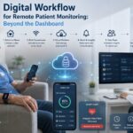 A realistic digital healthcare workflow illustrating remote patient monitoring, showing connected wearable devices, patient-generated health data, cloud-based analytics, and clinician review to enable proactive and personalized care beyond traditional dashboards.