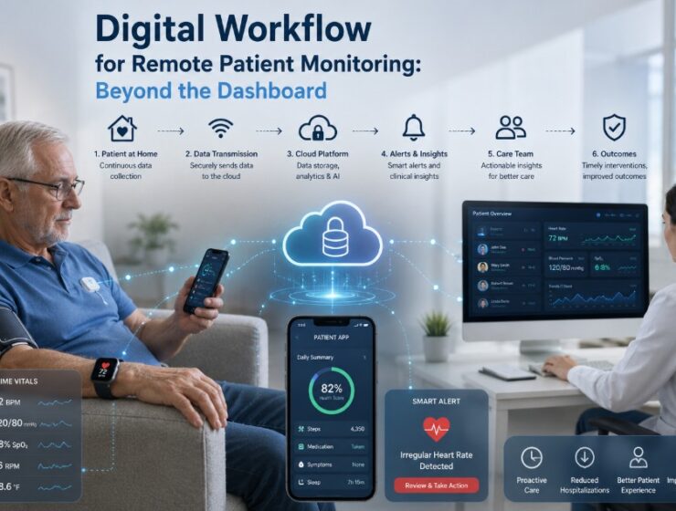 A realistic digital healthcare workflow illustrating remote patient monitoring, showing connected wearable devices, patient-generated health data, cloud-based analytics, and clinician review to enable proactive and personalized care beyond traditional dashboards.
