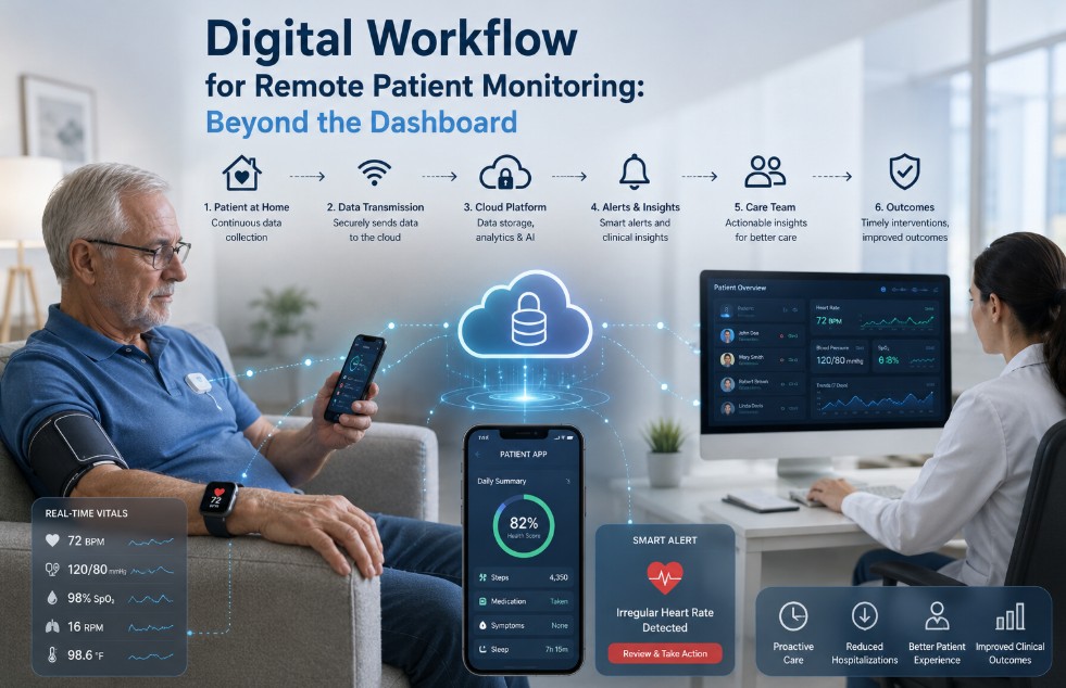 A realistic digital healthcare workflow illustrating remote patient monitoring, showing connected wearable devices, patient-generated health data, cloud-based analytics, and clinician review to enable proactive and personalized care beyond traditional dashboards.