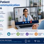 A modern telehealth consultation showing a doctor and patient communicating through a secure video platform, illustrating virtual care transformation, remote healthcare access, and digital health solutions.