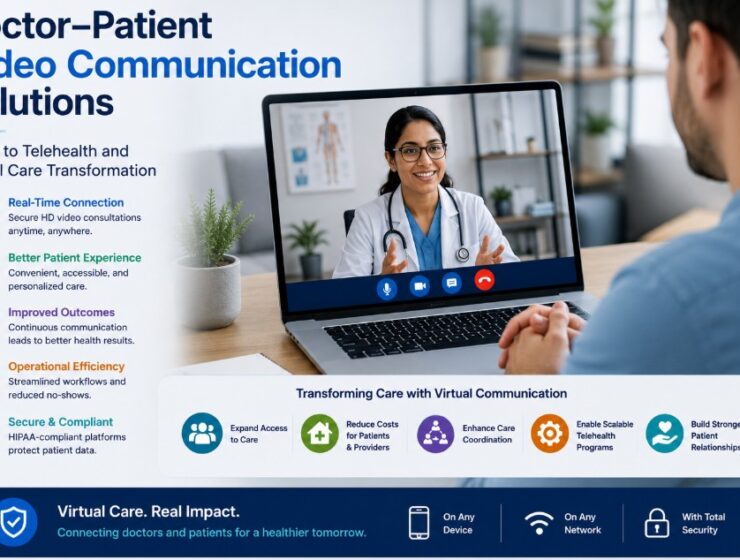 A modern telehealth consultation showing a doctor and patient communicating through a secure video platform, illustrating virtual care transformation, remote healthcare access, and digital health solutions.