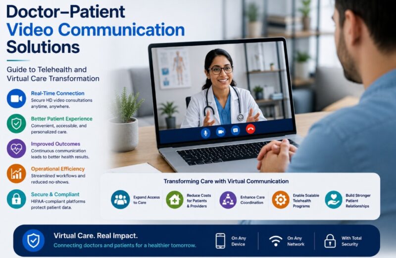 A modern telehealth consultation showing a doctor and patient communicating through a secure video platform, illustrating virtual care transformation, remote healthcare access, and digital health solutions.