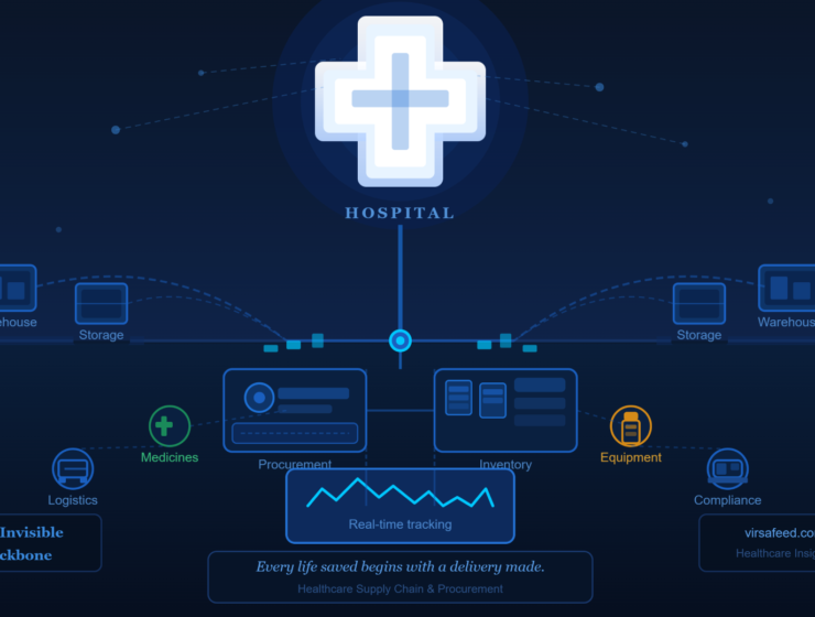 A glowing hospital cross sustained by an intricate healthcare supply chain network — warehouses, procurement, inventory, logistics, and real-time tracking all converging to deliver life-saving medicines and equipment.