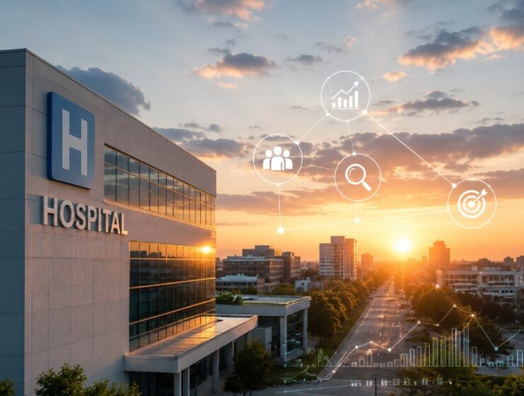 A realistic panoramic view of a modern hospital at sunrise, symbolizing the future of healthcare, with digital growth indicators and a city skyline representing emerging opportunities, market trends, and strategic transformation in the hospital sector.