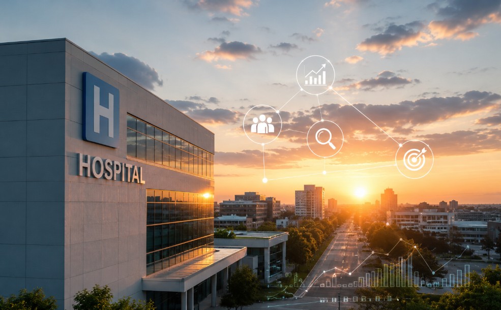 A realistic panoramic view of a modern hospital at sunrise, symbolizing the future of healthcare, with digital growth indicators and a city skyline representing emerging opportunities, market trends, and strategic transformation in the hospital sector.
