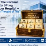 A realistic illustration of a modern hospital with a treasure chest representing untapped revenue opportunities hidden within existing operations, highlighting capacity optimization, workflow efficiency, coding accuracy, and improved patient outcomes.