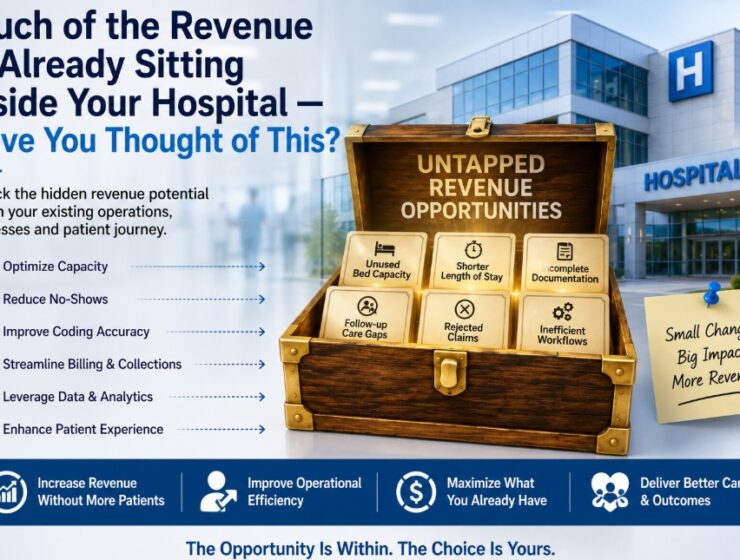 A realistic illustration of a modern hospital with a treasure chest representing untapped revenue opportunities hidden within existing operations, highlighting capacity optimization, workflow efficiency, coding accuracy, and improved patient outcomes.