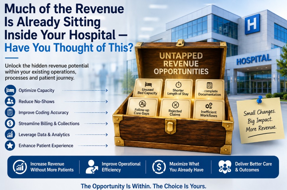 A realistic illustration of a modern hospital with a treasure chest representing untapped revenue opportunities hidden within existing operations, highlighting capacity optimization, workflow efficiency, coding accuracy, and improved patient outcomes.