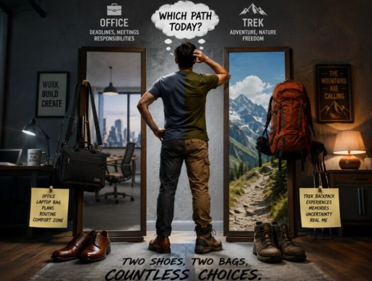 A pair of trekking shoes and an office bag placed beside formal work essentials and travel gear, symbolizing the journey between outdoor adventure and professional leadership.
