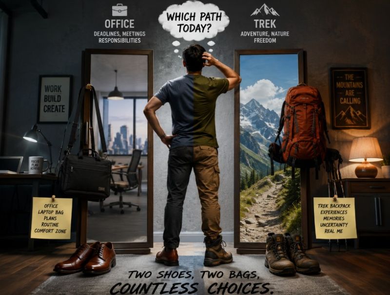 A pair of trekking shoes and an office bag placed beside formal work essentials and travel gear, symbolizing the journey between outdoor adventure and professional leadership.