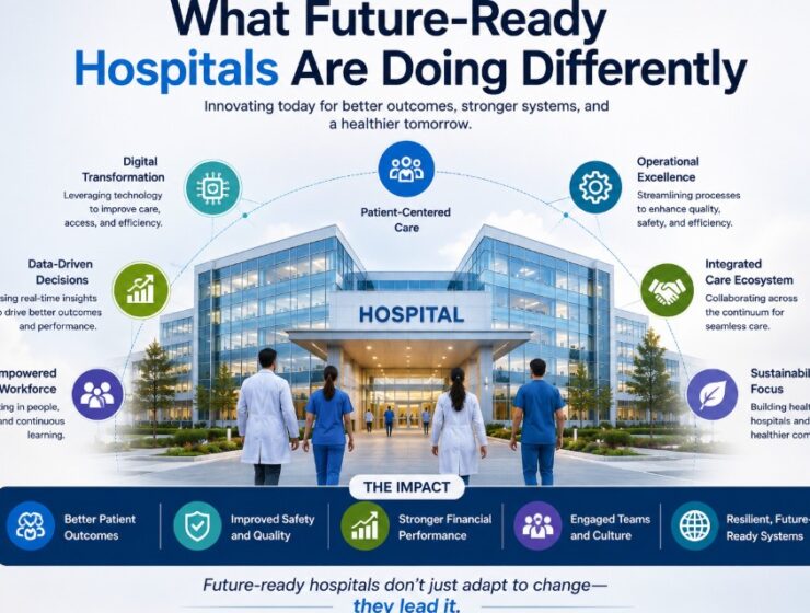 A realistic illustration of a modern hospital showcasing future-ready healthcare strategies, including digital transformation, data-driven decision making, patient-centered care, operational excellence, integrated care ecosystems, and sustainability to improve patient outcomes and organizational resilience.