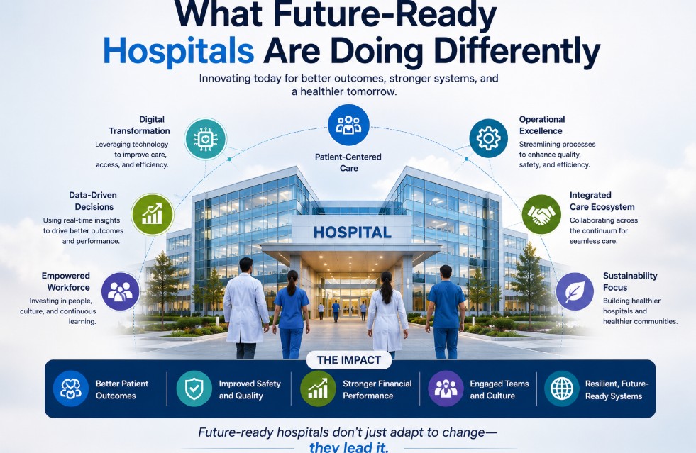 A realistic illustration of a modern hospital showcasing future-ready healthcare strategies, including digital transformation, data-driven decision making, patient-centered care, operational excellence, integrated care ecosystems, and sustainability to improve patient outcomes and organizational resilience.