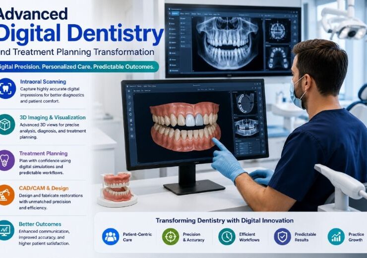 Modern digital dental clinic featuring advanced treatment planning technology, 3D imaging, digital workflows, and clinicians reviewing patient treatment plans on interactive displays.