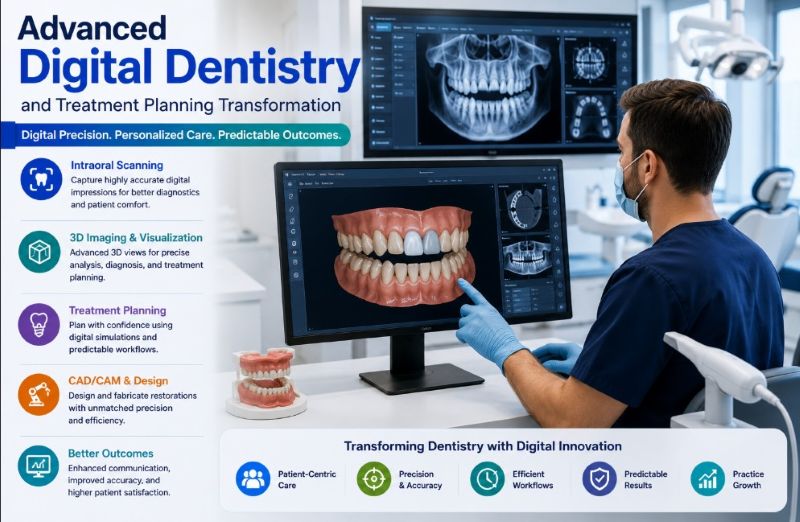 Modern digital dental clinic featuring advanced treatment planning technology, 3D imaging, digital workflows, and clinicians reviewing patient treatment plans on interactive displays.