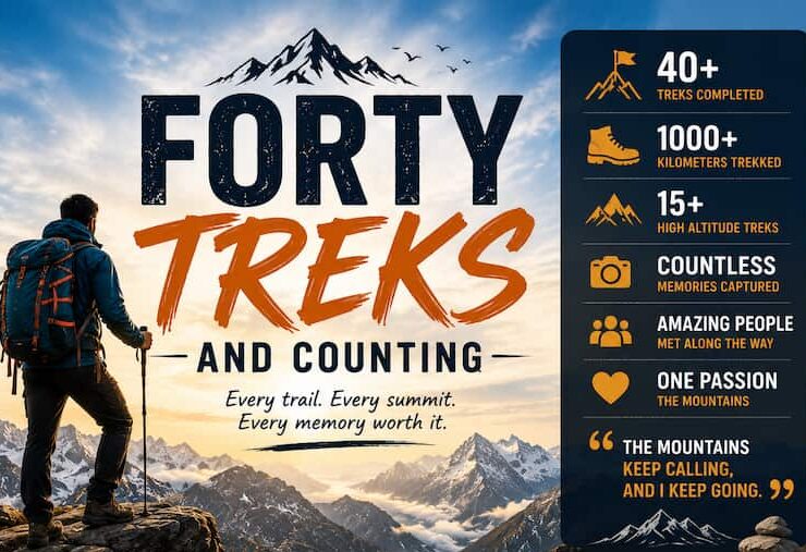 Backpacker standing on a mountain summit overlooking snow-covered peaks at sunrise, celebrating forty trekking adventures and a continuing journey of exploration.
