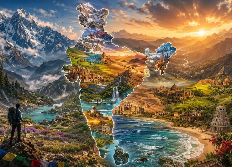 Panoramic landscape collage showcasing the diverse beauty of India with majestic mountains, valleys, rivers, deserts, coastlines, and a traveler overlooking the journey across the country.