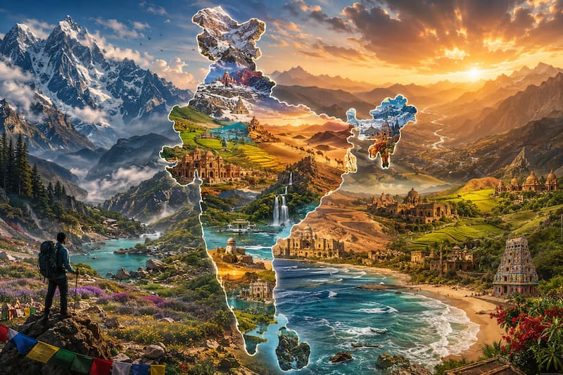 Panoramic landscape collage showcasing the diverse beauty of India with majestic mountains, valleys, rivers, deserts, coastlines, and a traveler overlooking the journey across the country.