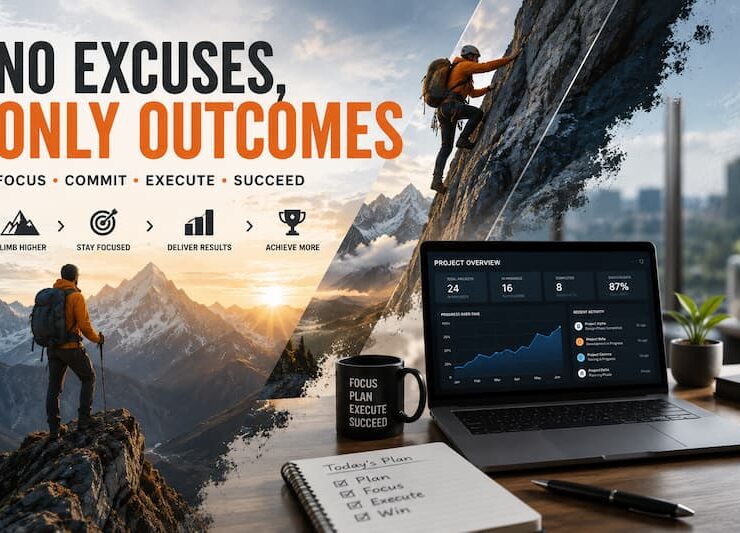 Mountain climber scaling a steep rock face alongside a modern office laptop displaying project dashboards, symbolizing leadership, discipline, execution, and achieving outcomes without excuses.