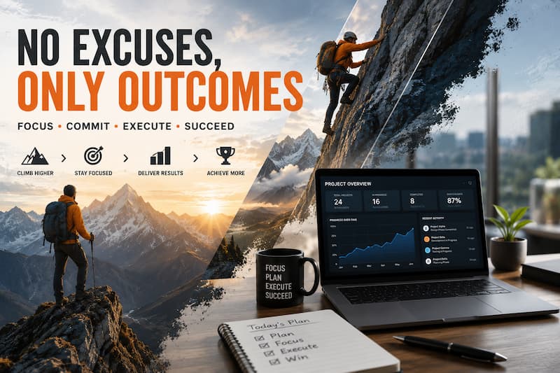 Mountain climber scaling a steep rock face alongside a modern office laptop displaying project dashboards, symbolizing leadership, discipline, execution, and achieving outcomes without excuses.