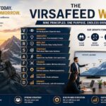 Professional presentation slide combining mountain climbing imagery with an office strategy meeting, showcasing the VIRSAFEED framework for leadership, growth, and operational excellence.