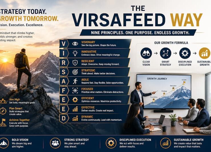 Professional presentation slide combining mountain climbing imagery with an office strategy meeting, showcasing the VIRSAFEED framework for leadership, growth, and operational excellence.